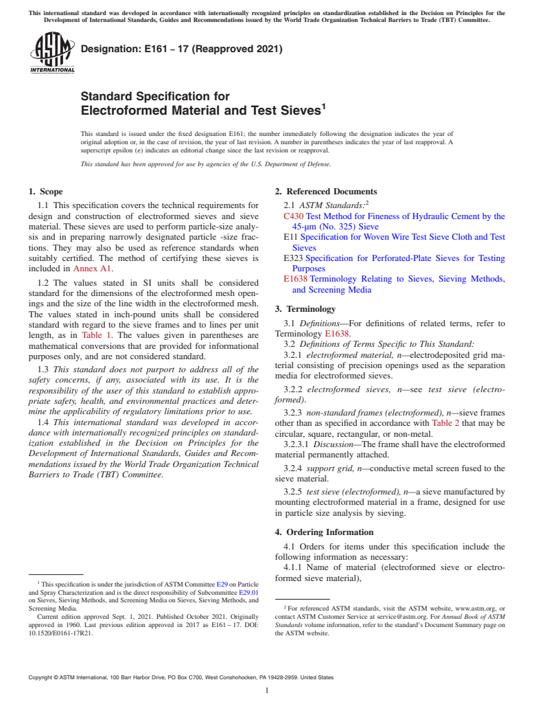 ASTM E161-17(2021) - Standard Specification for  Electroformed Material and Test  Sieves