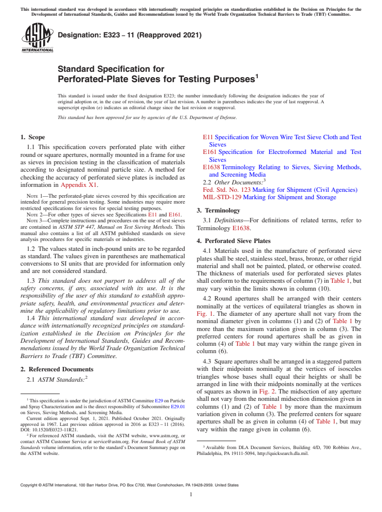 ASTM E323-11(2021) - Standard Specification for  Perforated-Plate Sieves for Testing Purposes