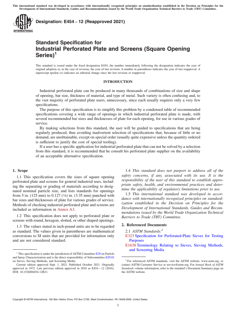 ASTM E454-12(2021) - Standard Specification for  Industrial Perforated Plate and Screens (Square Opening Series)