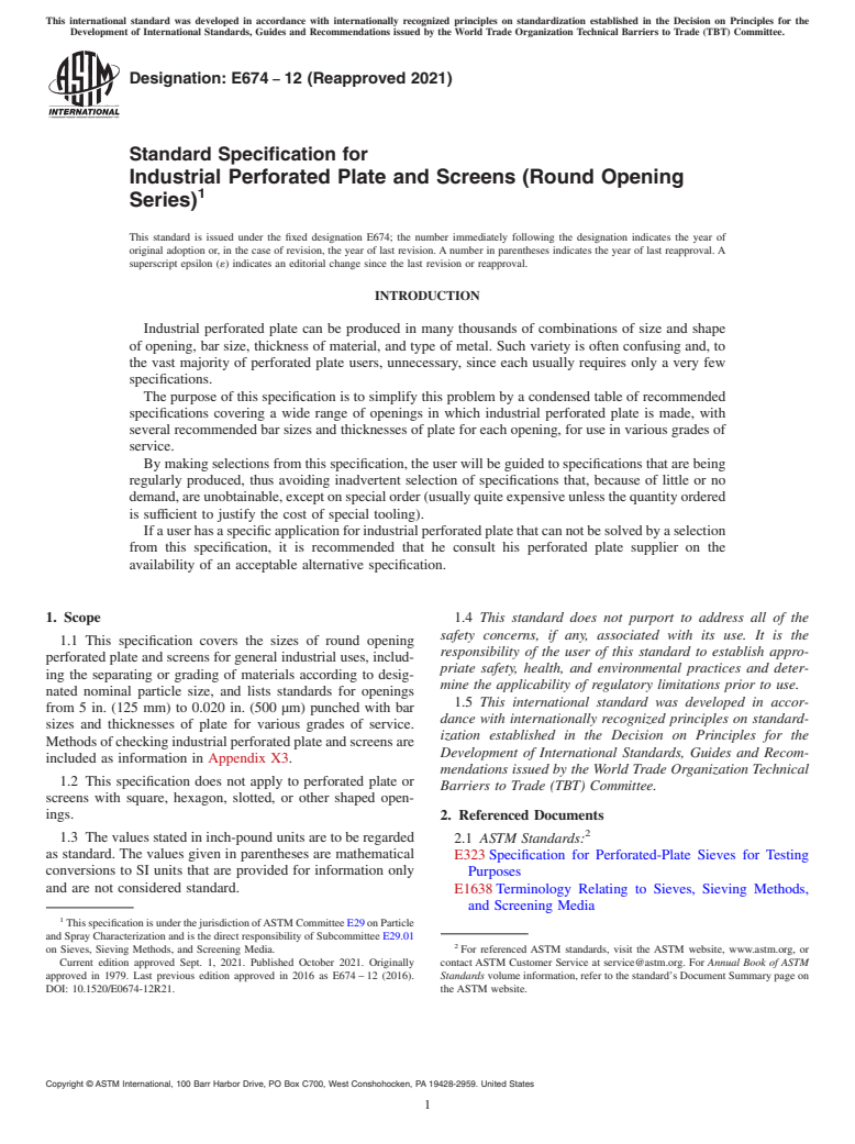 ASTM E674-12(2021) - Standard Specification for  Industrial Perforated Plate and Screens (Round Opening Series)