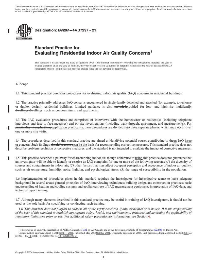 REDLINE ASTM D7297-21 - Standard Practice for  Evaluating Residential Indoor Air Quality Concerns