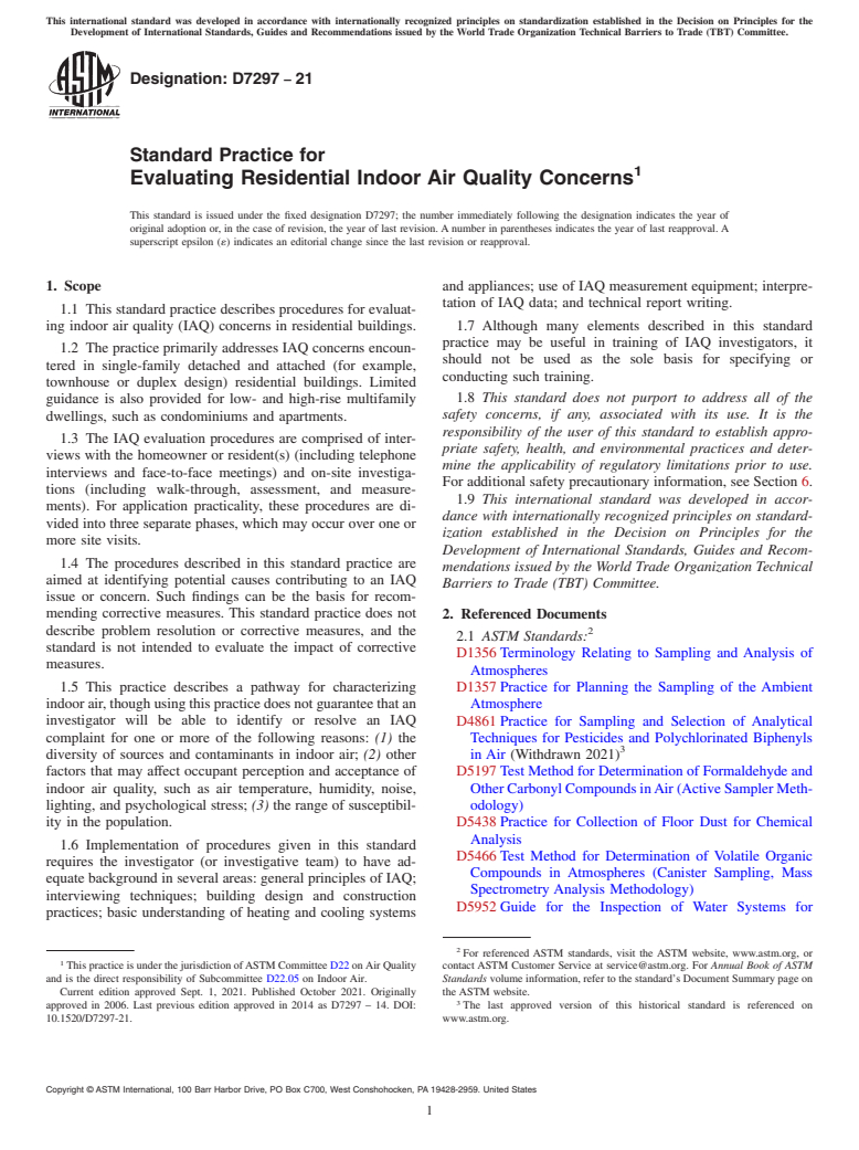 ASTM D7297-21 - Standard Practice for  Evaluating Residential Indoor Air Quality Concerns
