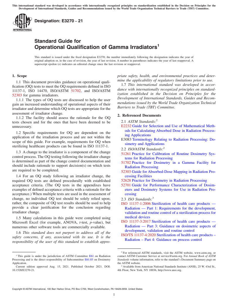 ASTM E3270-21 - Standard Guide for Operational Qualification of Gamma Irradiators