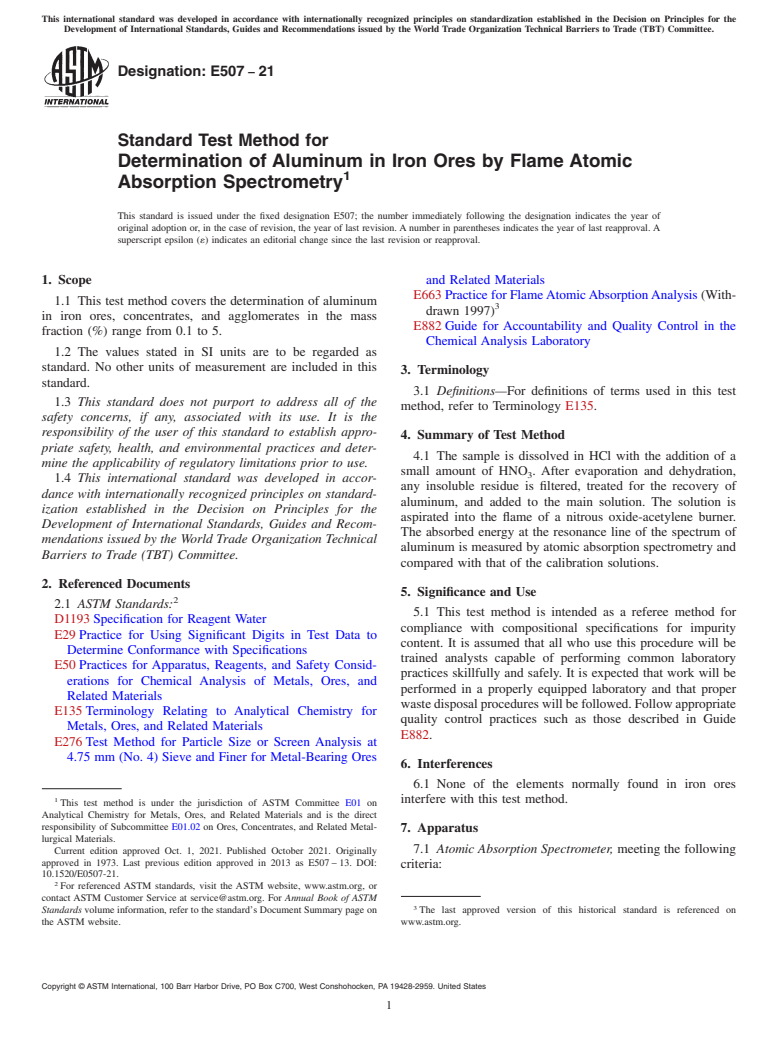 ASTM E507-21 - Standard Test Method for  Determination of Aluminum in Iron Ores by Flame Atomic Absorption  Spectrometry