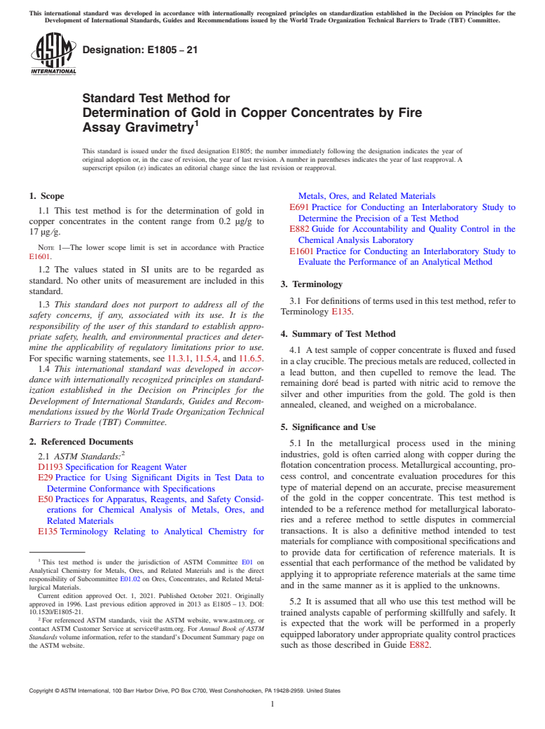 ASTM E1805-21 - Standard Test Method for  Determination of Gold in Copper Concentrates by Fire Assay  Gravimetry