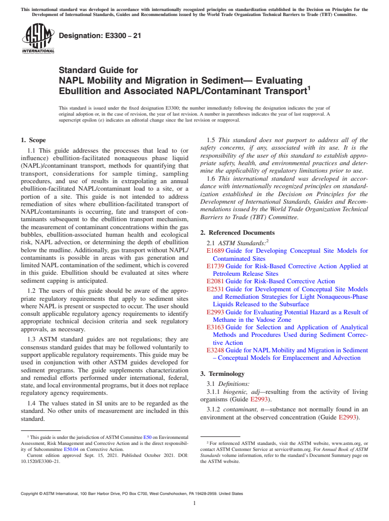 ASTM E3300-21 - Standard Guide for NAPL Mobility and Migration in Sediment— Evaluating  Ebullition and Associated NAPL/Contaminant Transport