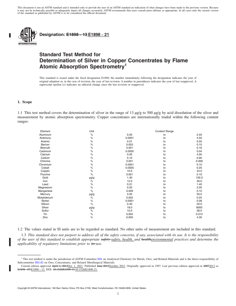 REDLINE ASTM E1898-21 - Standard Test Method for  Determination of Silver in Copper Concentrates by Flame Atomic  Absorption Spectrometry