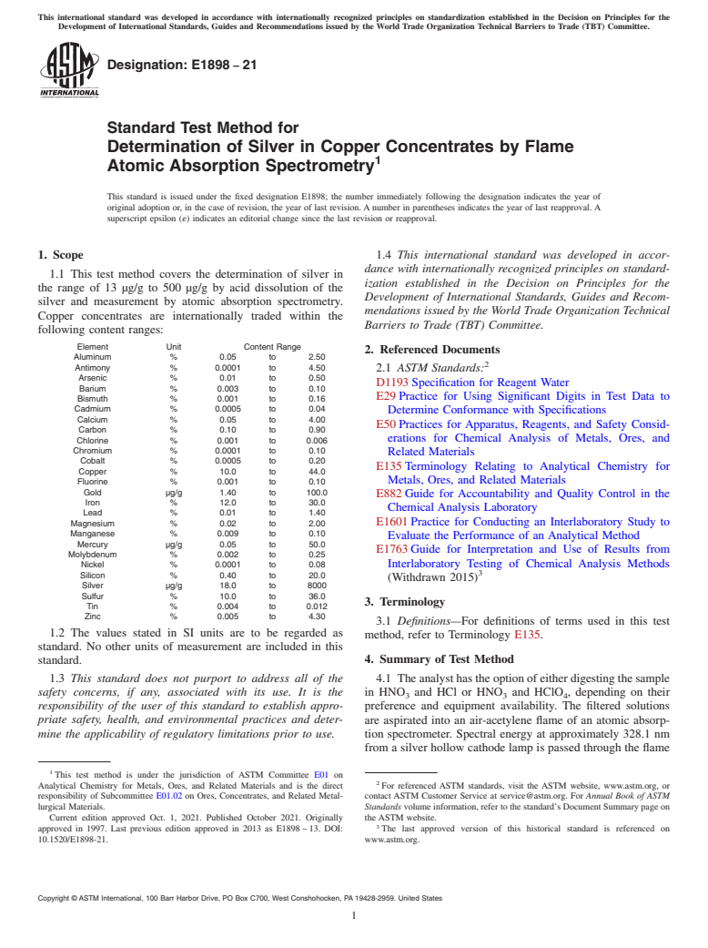 ASTM E1898-21 - Standard Test Method for  Determination of Silver in Copper Concentrates by Flame Atomic  Absorption Spectrometry