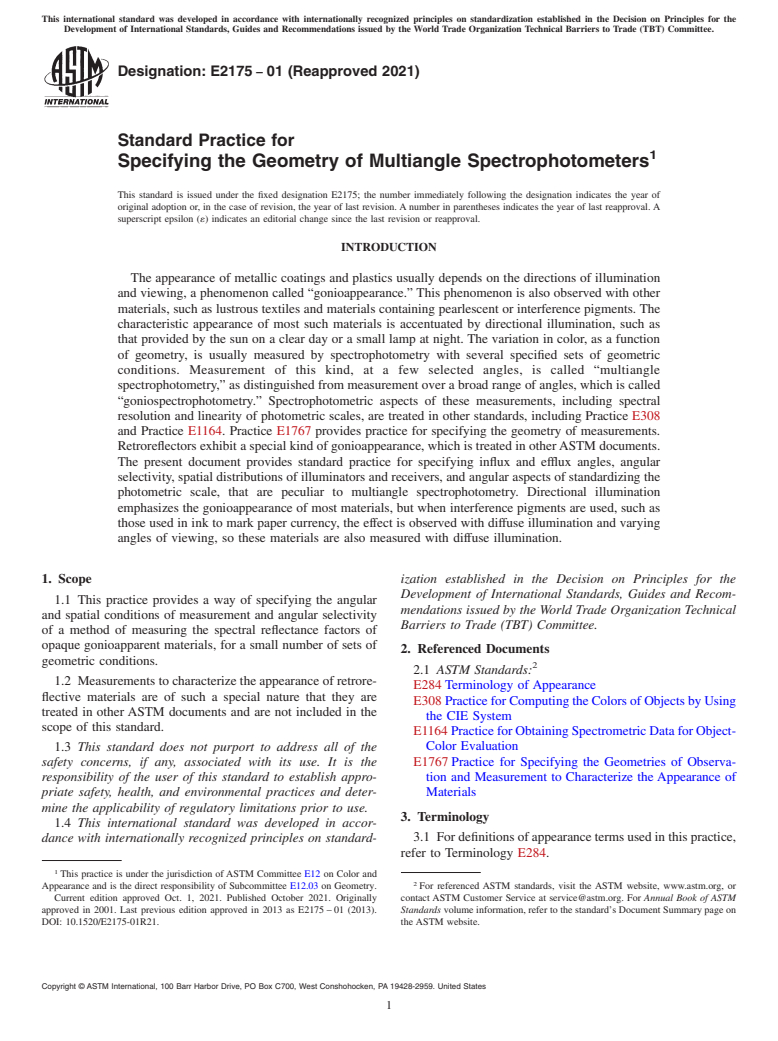 ASTM E2175-01(2021) - Standard Practice for Specifying the Geometry of Multiangle Spectrophotometers