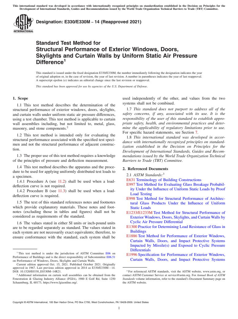 ASTM E330/E330M-14(2021) - Standard Test Method for Structural Performance of Exterior Windows, Doors, Skylights and Curtain Walls by Uniform Static Air Pressure Difference