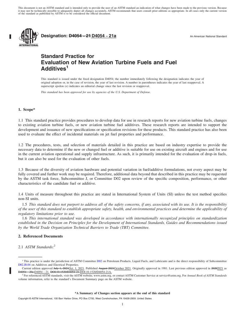 REDLINE ASTM D4054-21a - Standard Practice for Evaluation of New Aviation Turbine Fuels and Fuel Additives