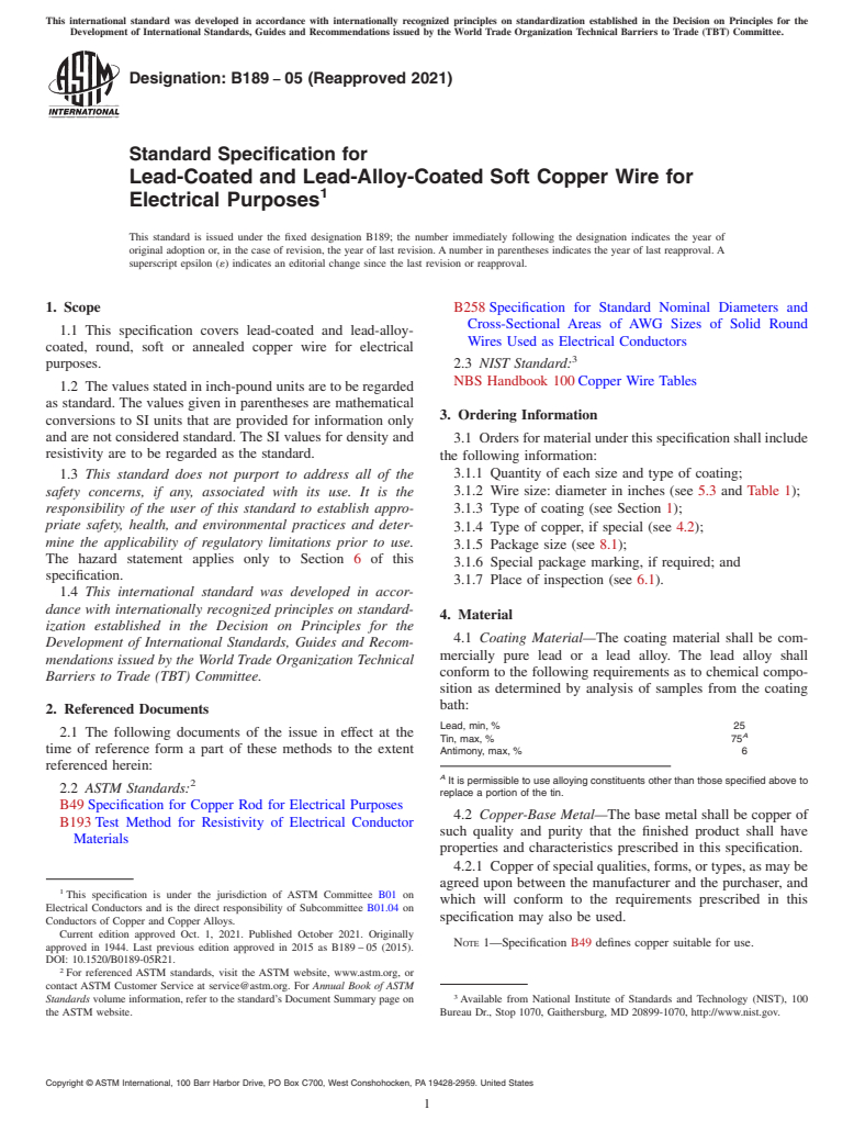 ASTM B189-05(2021) - Standard Specification for Lead-Coated and Lead-Alloy-Coated Soft Copper Wire for Electrical   Purposes