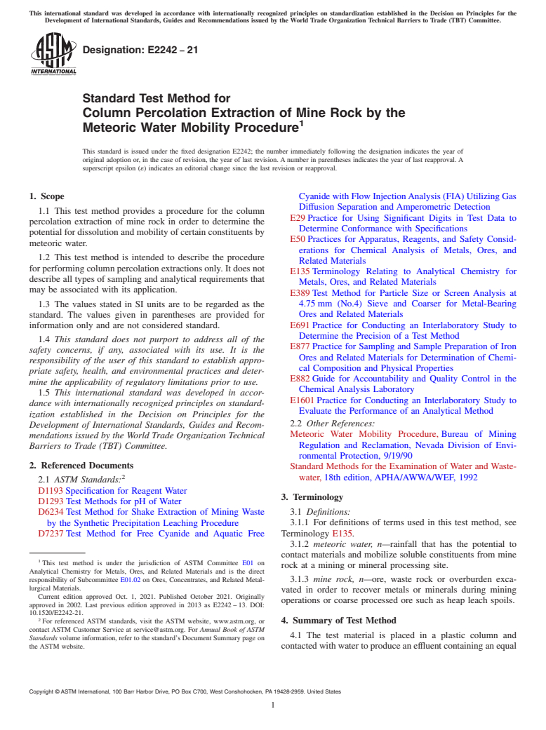 ASTM E2242-21 - Standard Test Method for  Column Percolation Extraction of Mine Rock by the Meteoric  Water Mobility Procedure