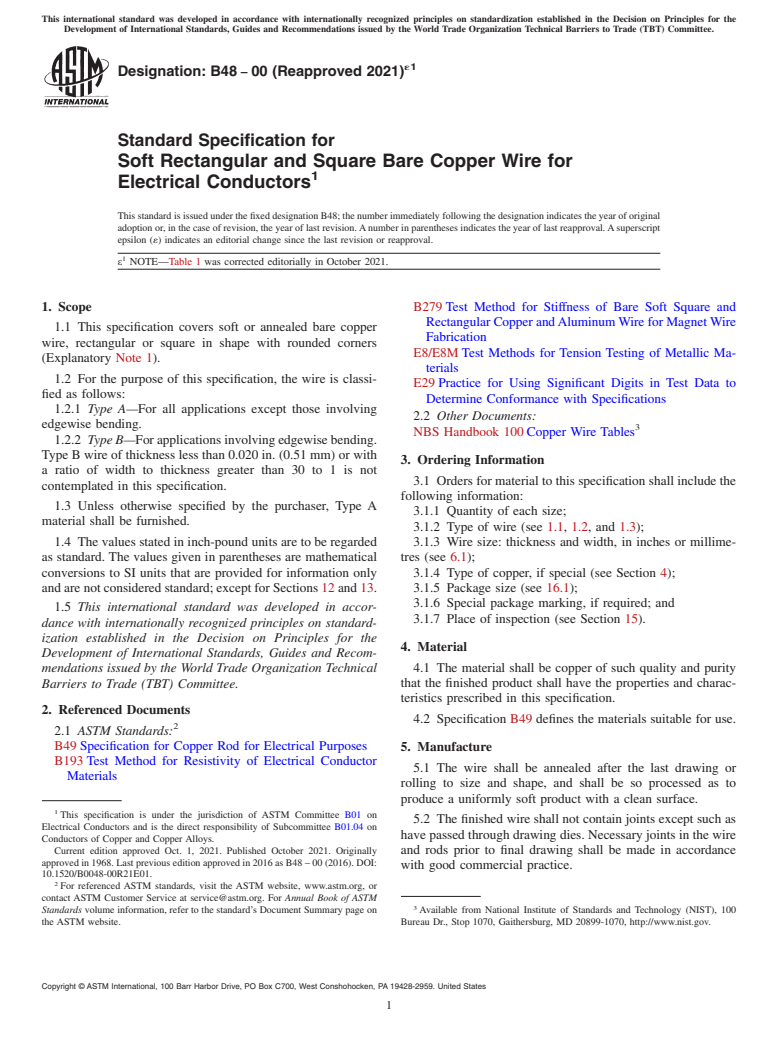 ASTM B48-00(2021)e1 - Standard Specification for Soft Rectangular and Square Bare Copper Wire for Electrical   Conductors