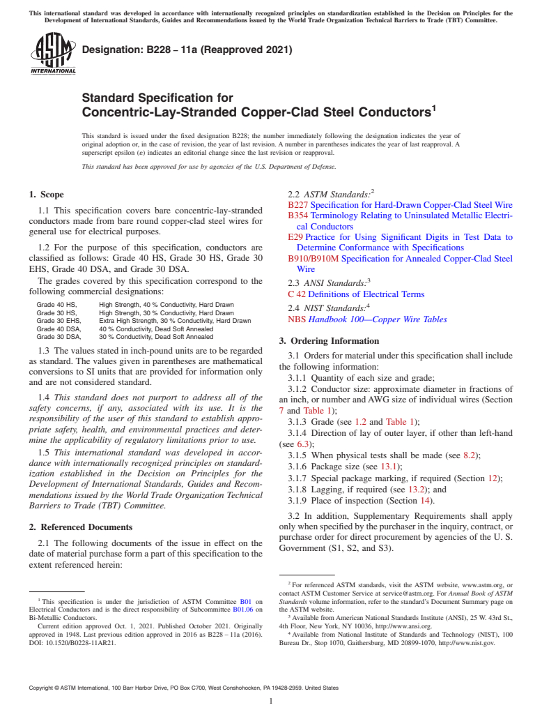ASTM B228-11a(2021) - Standard Specification for Concentric-Lay-Stranded Copper-Clad Steel Conductors