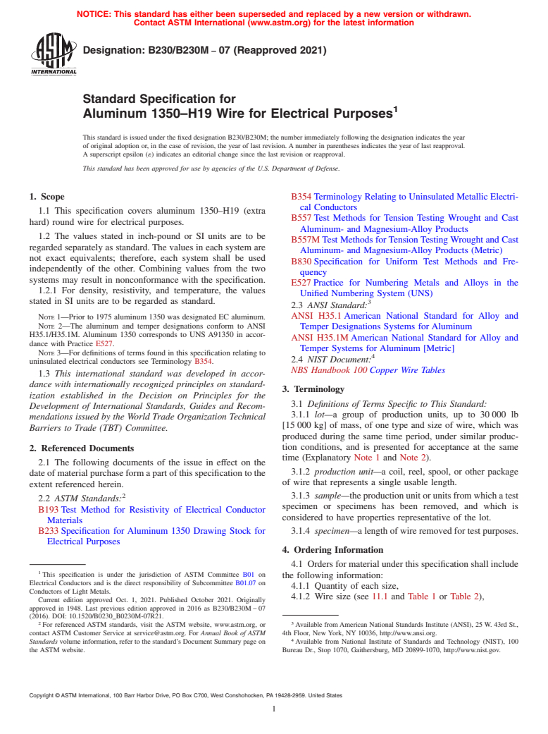 ASTM B230/B230M-07(2021) - Standard Specification for Aluminum 1350–H19 Wire for Electrical Purposes