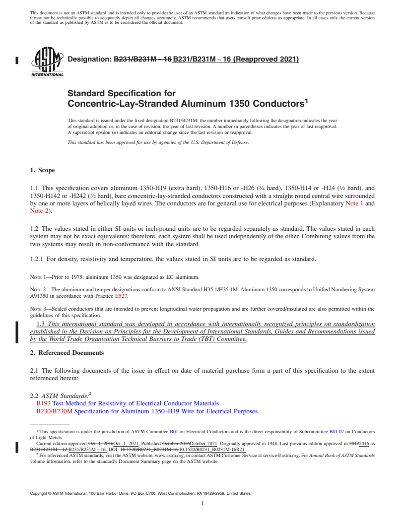 REDLINE ASTM B231/B231M-16(2021) - Standard Specification for Concentric-Lay-Stranded Aluminum 1350 Conductors