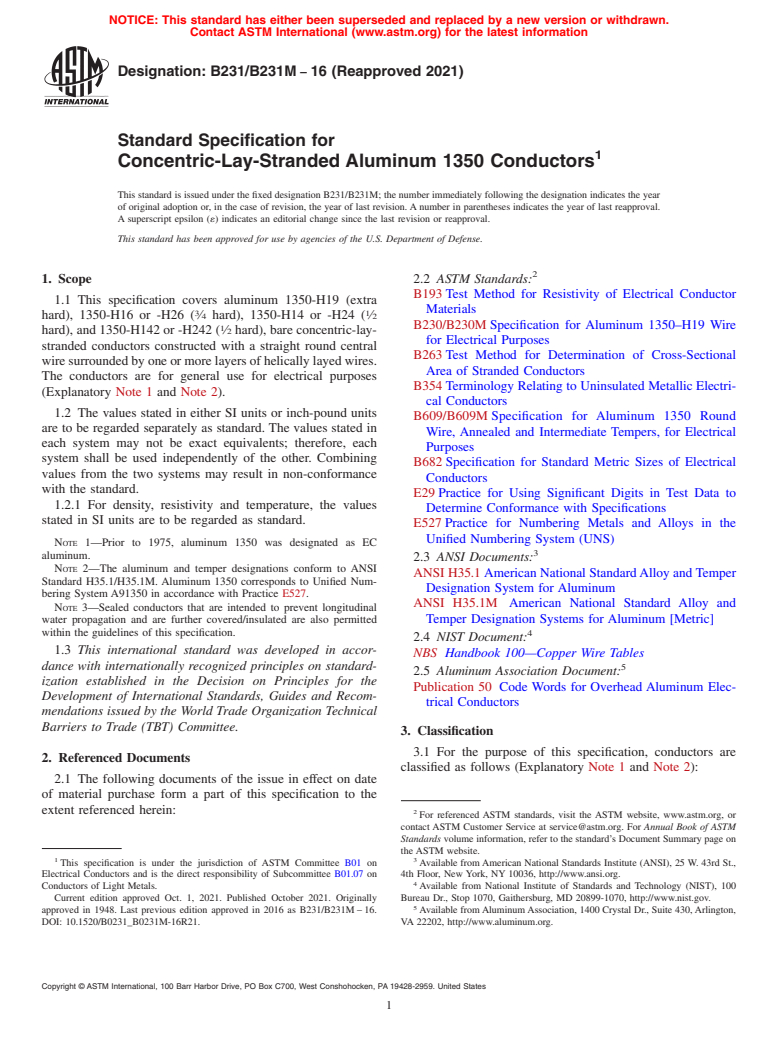 ASTM B231/B231M-16(2021) - Standard Specification for Concentric-Lay-Stranded Aluminum 1350 Conductors