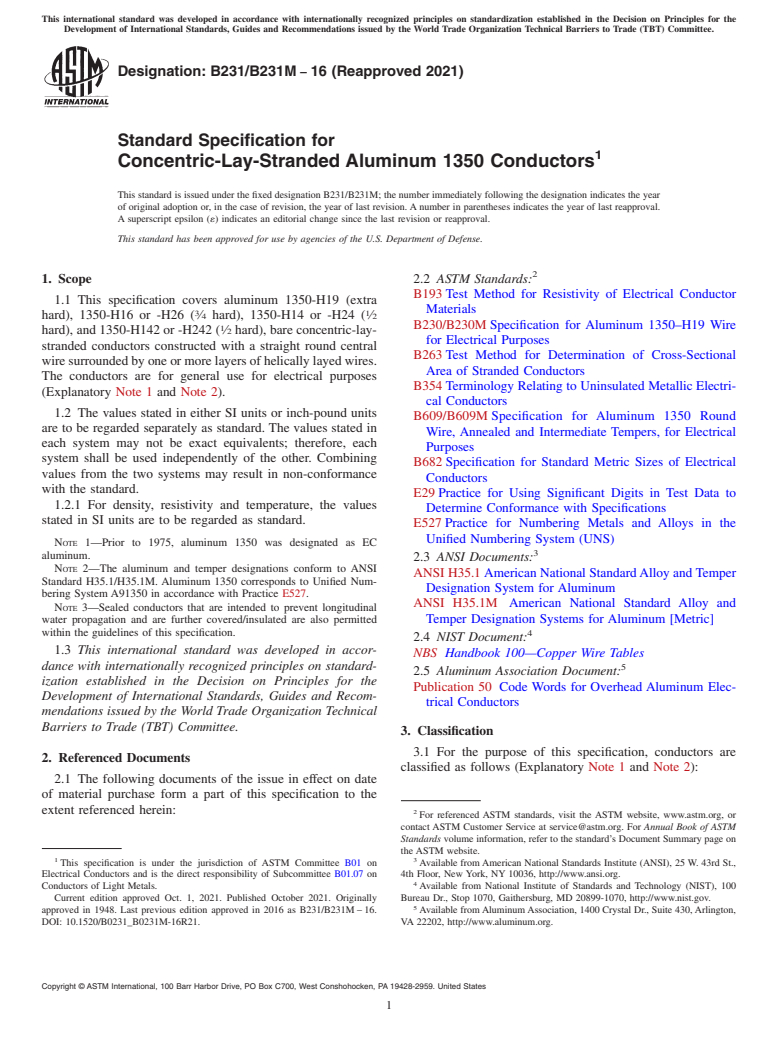 ASTM B231/B231M-16(2021) - Standard Specification for Concentric-Lay-Stranded Aluminum 1350 Conductors