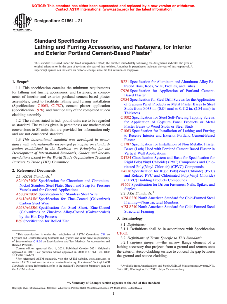 ASTM C1861-21 - Standard Specification for Lathing and Furring Accessories, and Fasteners, for Interior  and Exterior Portland Cement-Based Plaster