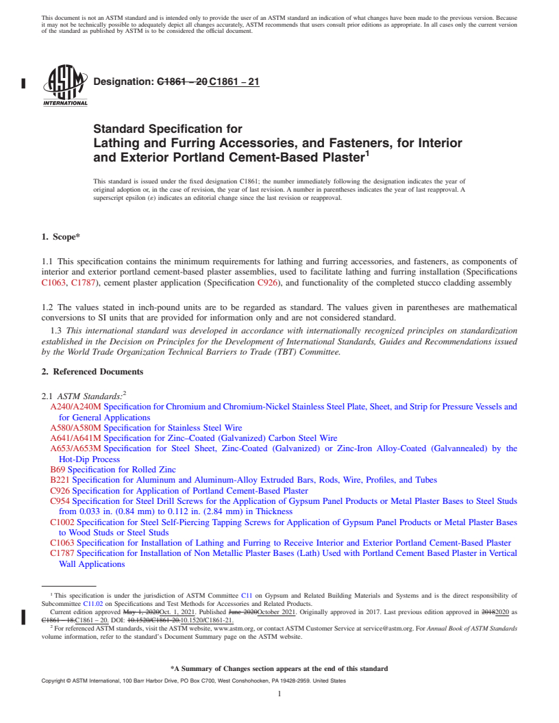 REDLINE ASTM C1861-21 - Standard Specification for Lathing and Furring Accessories, and Fasteners, for Interior  and Exterior Portland Cement-Based Plaster