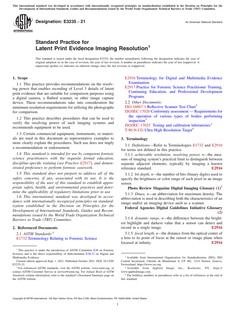 ASTM E3235-21 - Standard Practice for Latent Print Evidence Imaging Resolution