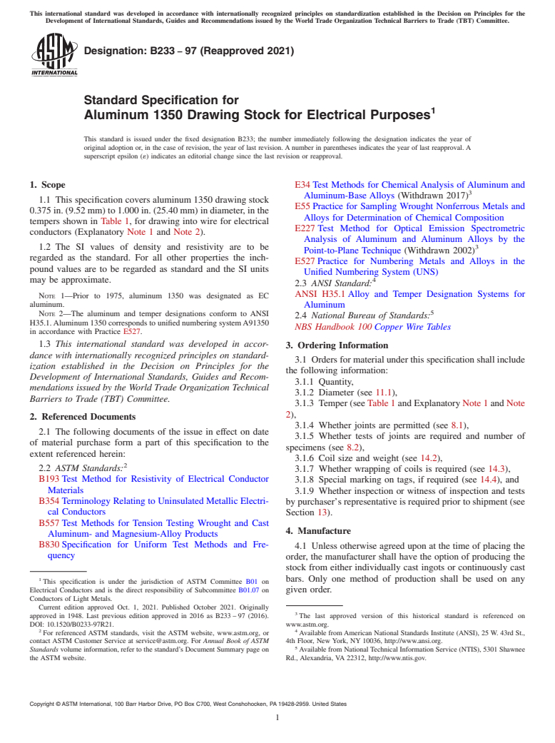 ASTM B233-97(2021) - Standard Specification for Aluminum 1350 Drawing Stock for Electrical Purposes