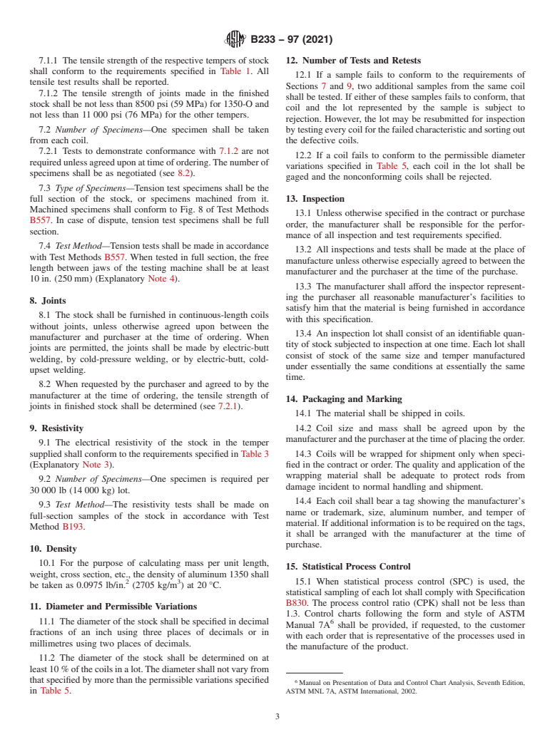 ASTM B233-97(2021) - Standard Specification for Aluminum 1350 Drawing Stock for Electrical Purposes