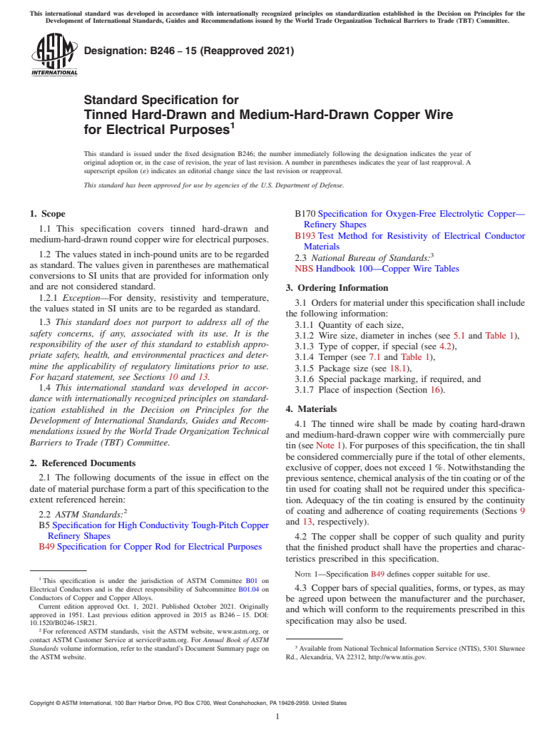 ASTM B246-15(2021) - Standard Specification for Tinned Hard-Drawn and Medium-Hard-Drawn Copper Wire for Electrical   Purposes