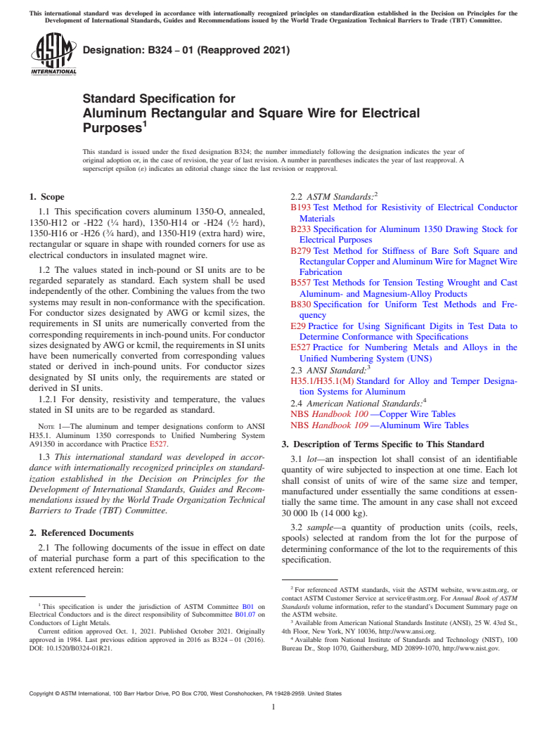 ASTM B324-01(2021) - Standard Specification for Aluminum Rectangular and Square Wire for Electrical Purposes