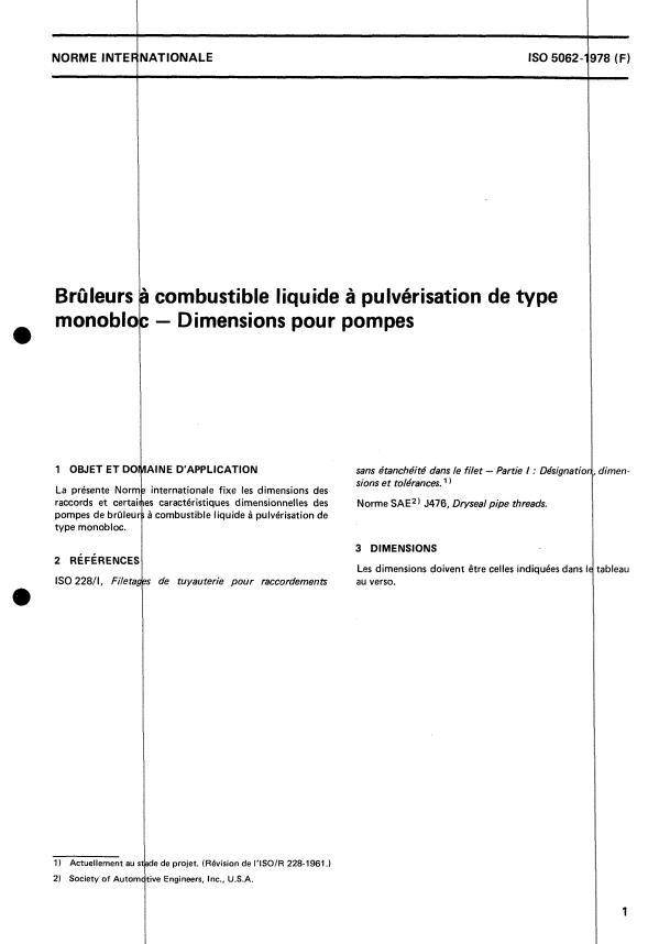 ISO 5062:1978 - Bruleurs a combustible liquide a pulvérisation de type monobloc -- Dimensions pour pompes