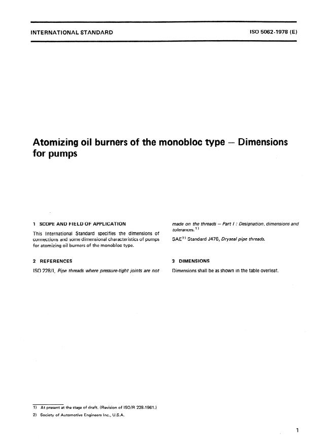 ISO 5062:1978 - Atomizing oil burners of the monobloc type -- Dimensions for pumps