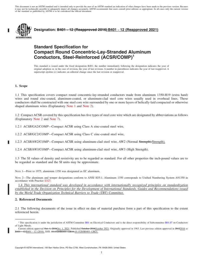 REDLINE ASTM B401-12(2021) - Standard Specification for Compact Round Concentric-Lay-Stranded Aluminum Conductors,   Steel-Reinforced (ACSR/COMP)