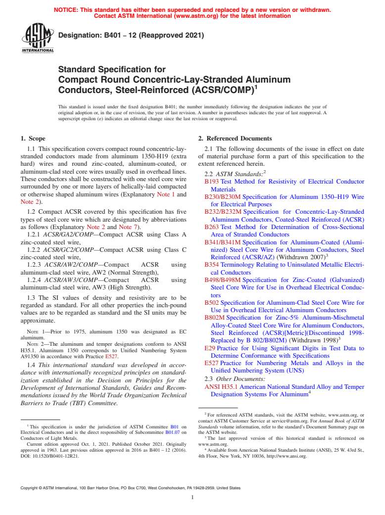 ASTM B401-12(2021) - Standard Specification for Compact Round Concentric-Lay-Stranded Aluminum Conductors,   Steel-Reinforced (ACSR/COMP)