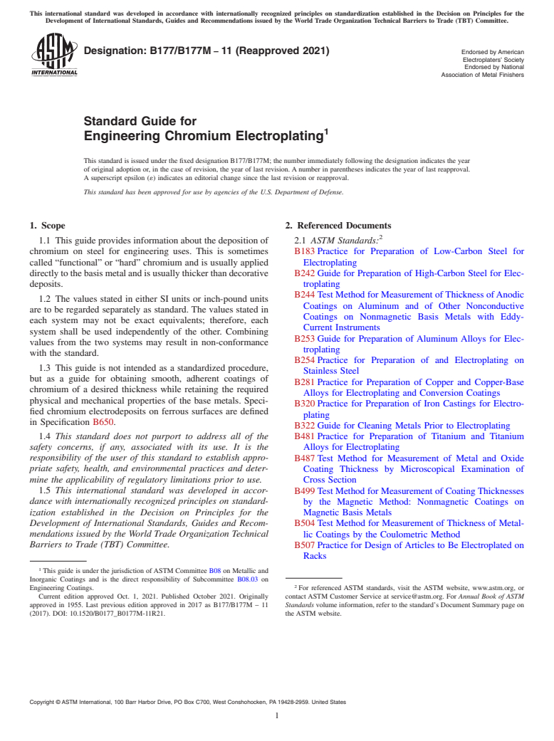 ASTM B177/B177M-11(2021) - Standard Guide for  Engineering Chromium Electroplating