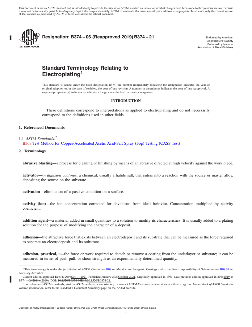 REDLINE ASTM B374-21 - Standard Terminology Relating to  Electroplating