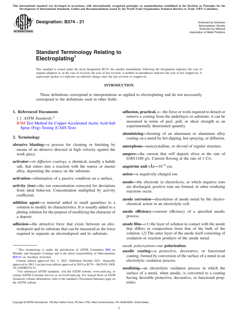 ASTM B374-21 - Standard Terminology Relating to  Electroplating