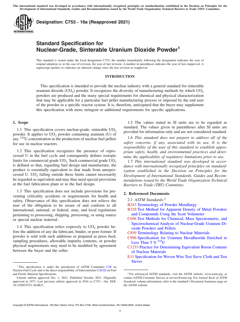 ASTM C753-16a(2021) - Standard Specification for  Nuclear-Grade, Sinterable Uranium Dioxide Powder