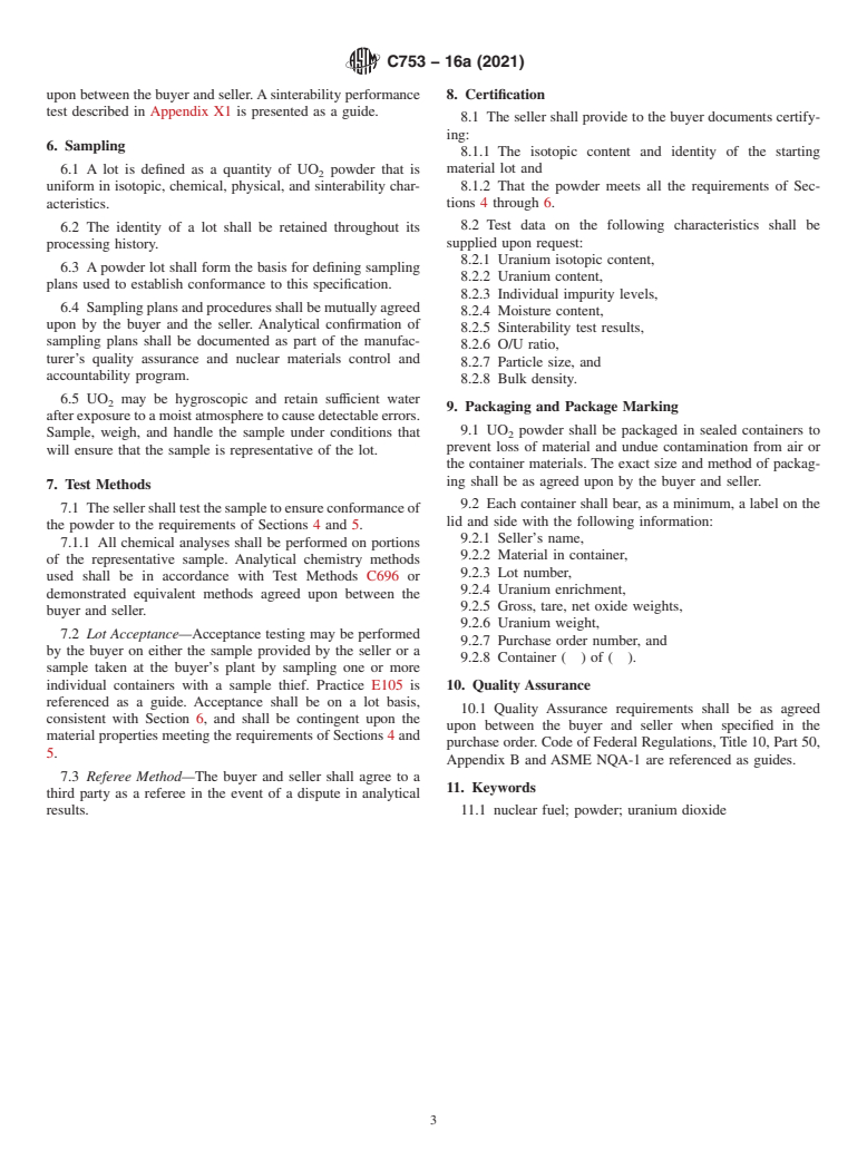 ASTM C753-16a(2021) - Standard Specification for  Nuclear-Grade, Sinterable Uranium Dioxide Powder