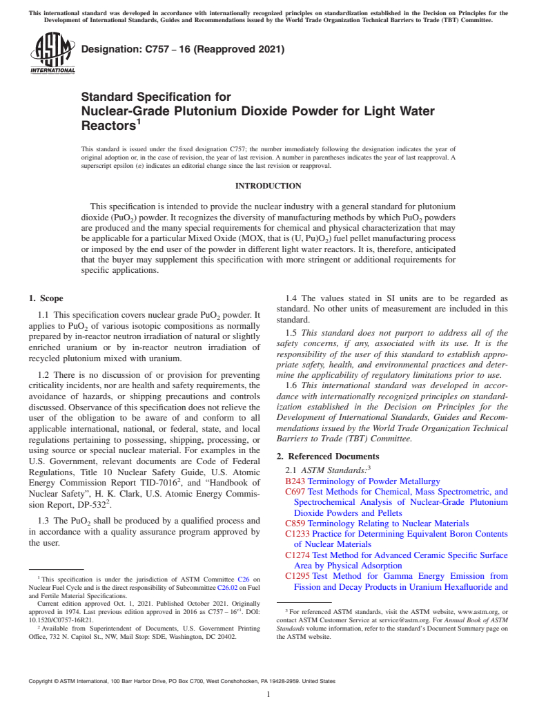 ASTM C757-16(2021) - Standard Specification for Nuclear-Grade Plutonium Dioxide Powder for Light Water Reactors