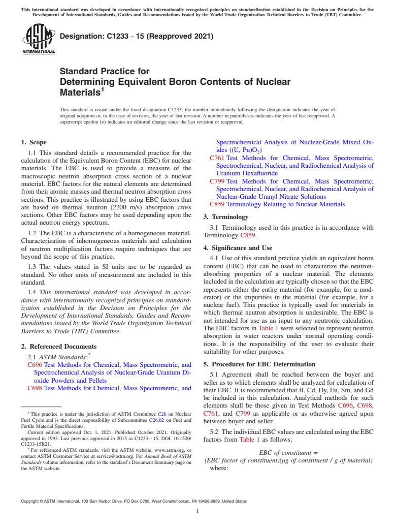 ASTM C1233-15(2021) - Standard Practice for  Determining Equivalent Boron Contents of Nuclear Materials