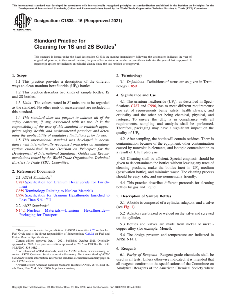 ASTM C1838-16(2021) - Standard Practice for Cleaning for 1S and 2S Bottles