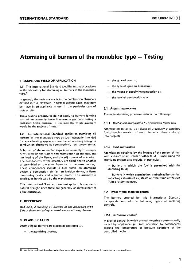 ISO 5063:1978 - Atomizing oil burners of the monobloc type -- Testing