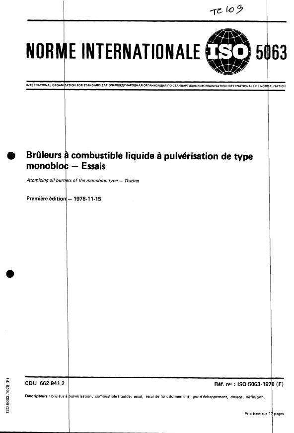 ISO 5063:1978 - Bruleurs a combustible liquide a pulvérisation de type monobloc -- Essais