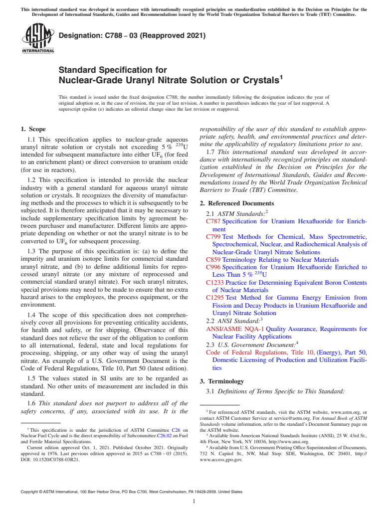 ASTM C788-03(2021) - Standard Specification for Nuclear-Grade Uranyl Nitrate Solution or Crystals