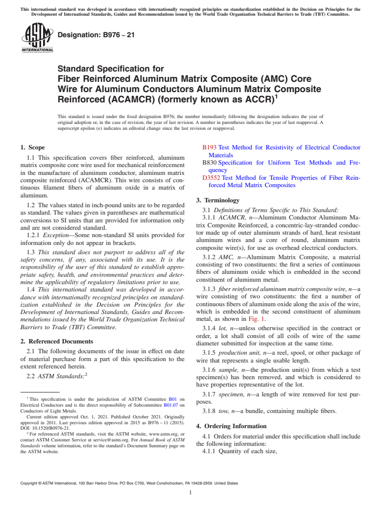 ASTM B976-21 - Standard Specification for Fiber Reinforced Aluminum Matrix Composite (AMC) Core Wire  for Aluminum Conductors Aluminum Matrix Composite Reinforced (ACAMCR)  (formerly known as ACCR)