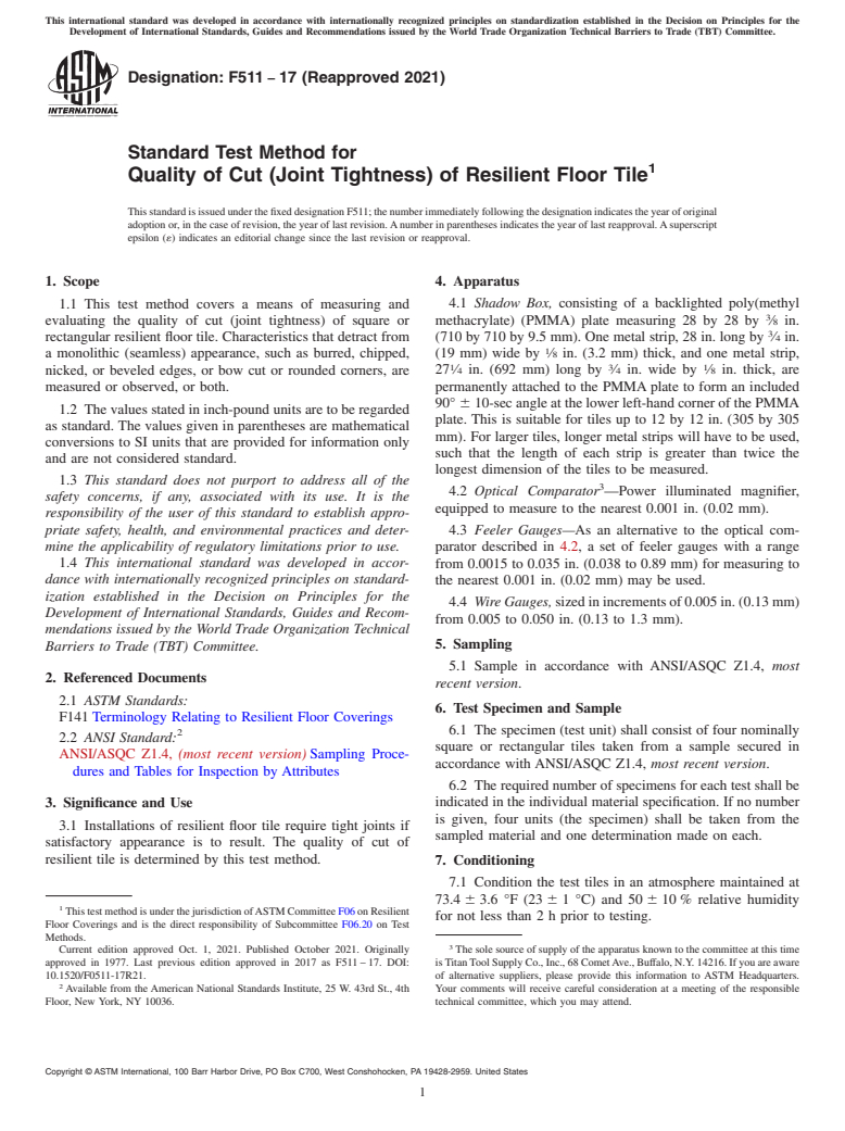 ASTM F511-17(2021) - Standard Test Method for  Quality of Cut (Joint Tightness) of Resilient Floor Tile