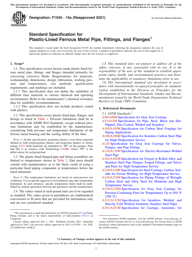 ASTM F1545-15a(2021) - Standard Specification for  Plastic-Lined Ferrous Metal Pipe, Fittings, and Flanges