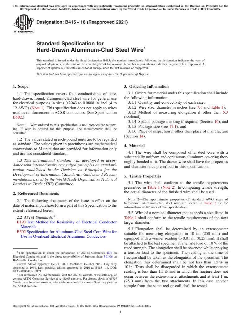 ASTM B415-16(2021) - Standard Specification for Hard-Drawn Aluminum-Clad Steel Wire