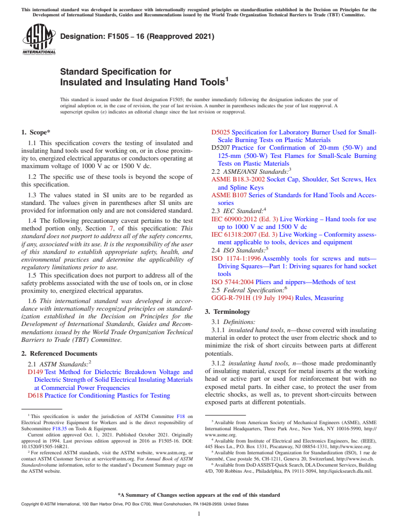 ASTM F1505-16(2021) - Standard Specification for  Insulated and Insulating Hand Tools